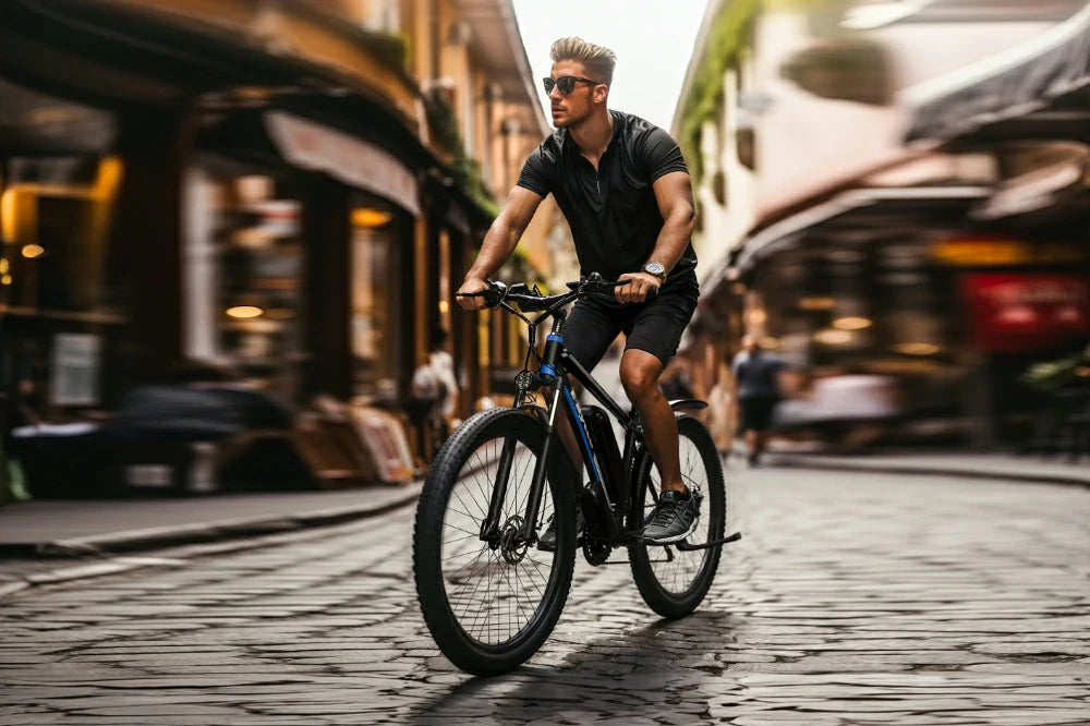 Dynamic motion-blur lifestyle shot of male rider cruising black-blue E-BYCCO EB7 Pro hardtail electric mountain bike on old European cobblestone street.