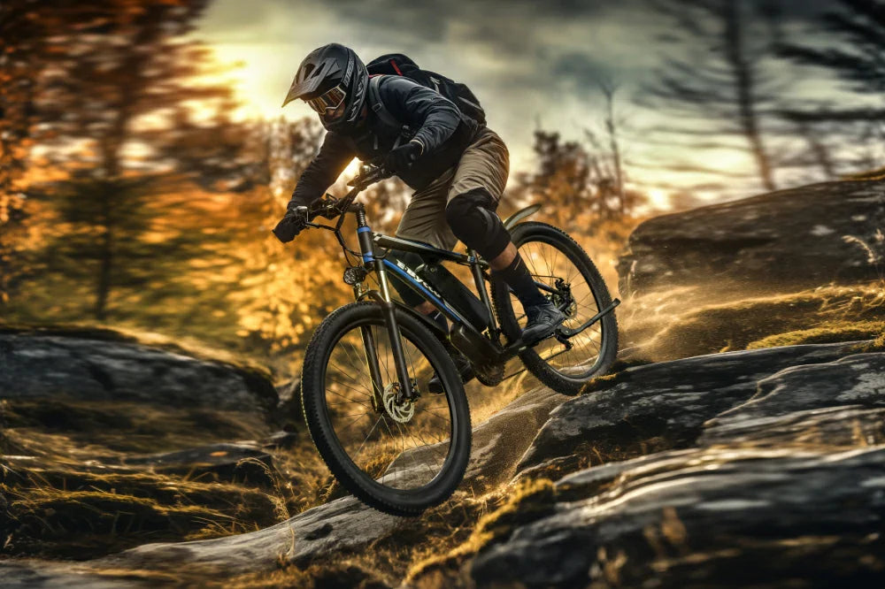 E-BYCCO E8 full-suspension mountain e-bike jumping over rocky forest trails at golden sunset.