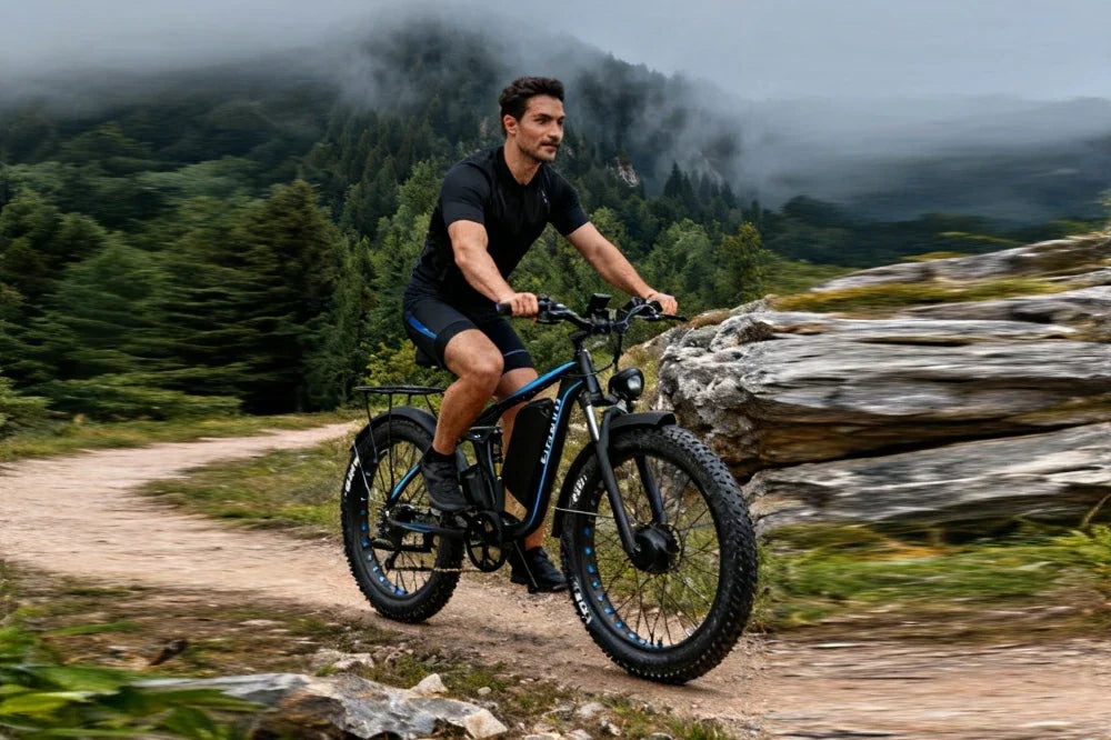 Male rider cycling the blue-black E-BYCCO E8 fat tire electric bike on rocky mountain trail, misty forest mountains background.