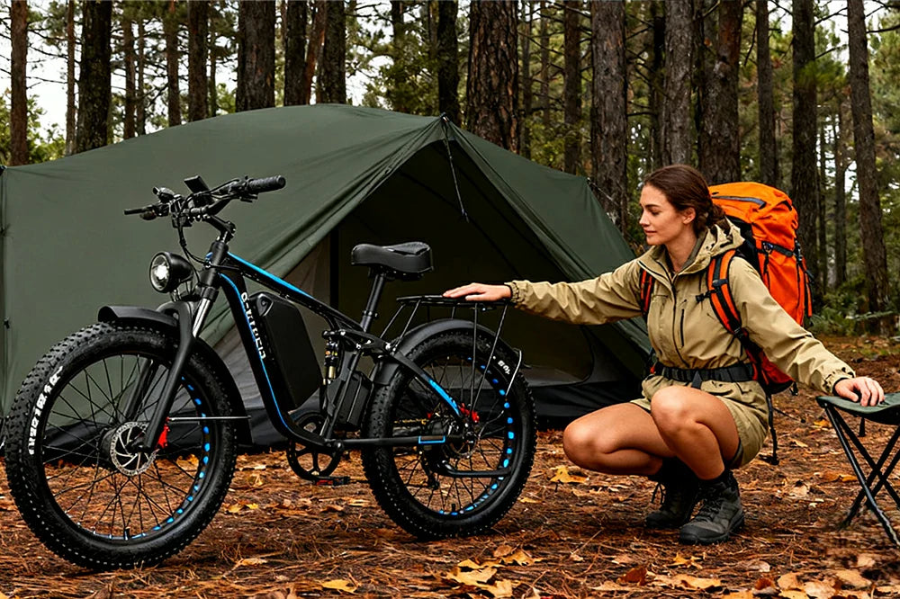 Woodland camping lifestyle shot of a female camper touching the rear rack of black-blue E-BYCCO EB7 Pro fat tire e-bike in front of an olive green tent among pine trees.