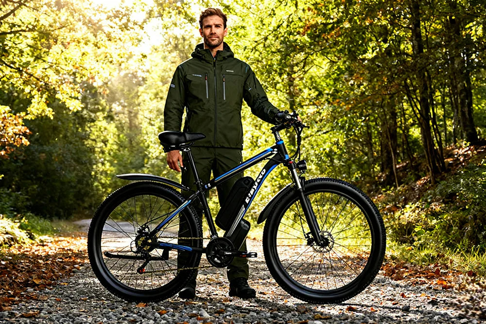 Sun-dappled forest trail lifestyle shot of a male outdoor rider standing beside black-blue E-BYCCO E8 hardtail electric mountain bike on gravel woodland path.
