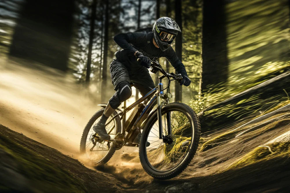 Dynamic motion-blur forest downhill shot of full-protection rider speeding on the E-BYCCO E8 electric mountain bike, kicking up trail dust in sunlit woodland.