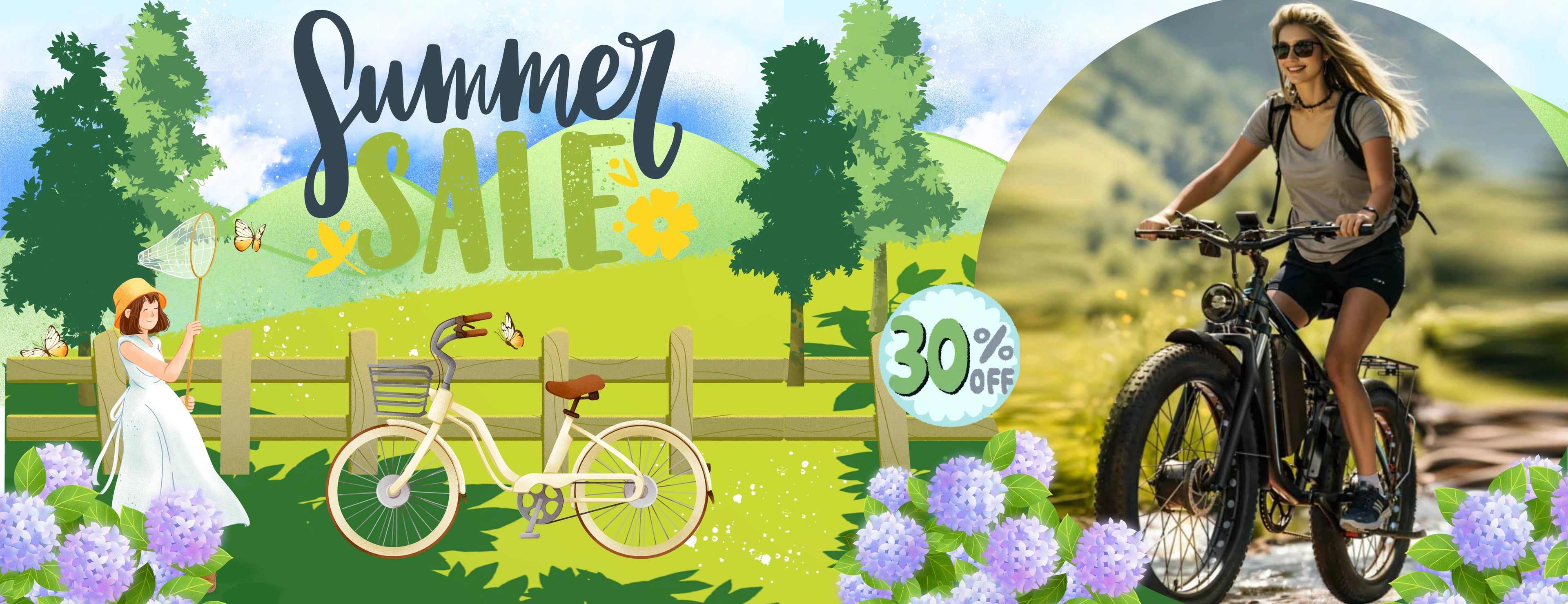 Pastoral countryside themed E‑BYCCO Summer Sale wide website banner, fat‑tire e‑bike lifestyle shot, 30% off seasonal discount, whimsical summer cartoon countryside decor.