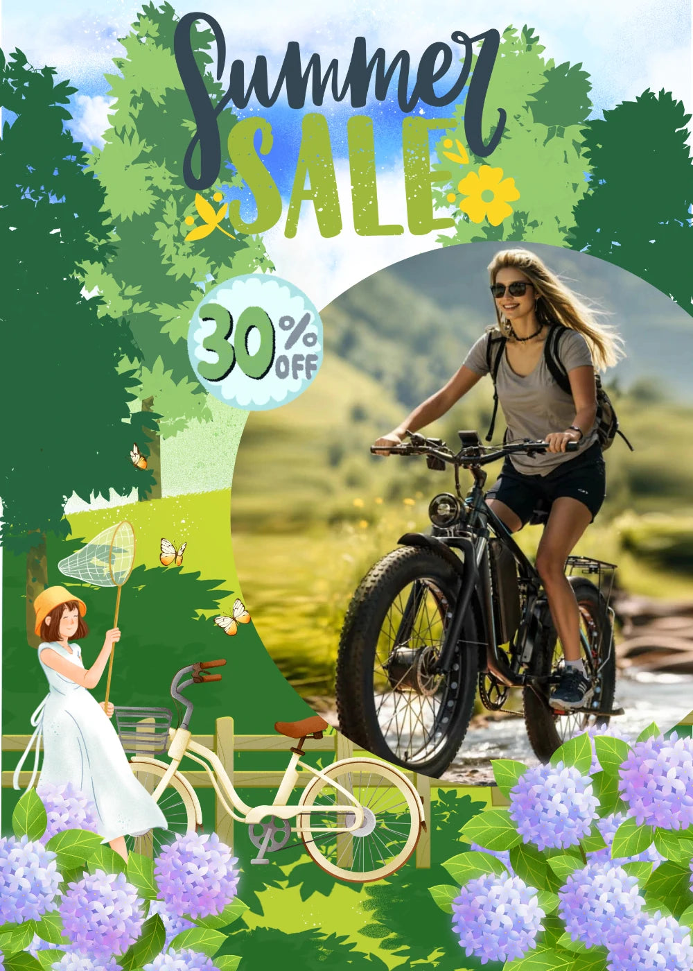 Portrait‑format E‑BYCCO Summer Sale social media poster, countryside summer cartoon artwork, 30% markdown, outdoor e‑bike trail riding product showcase.